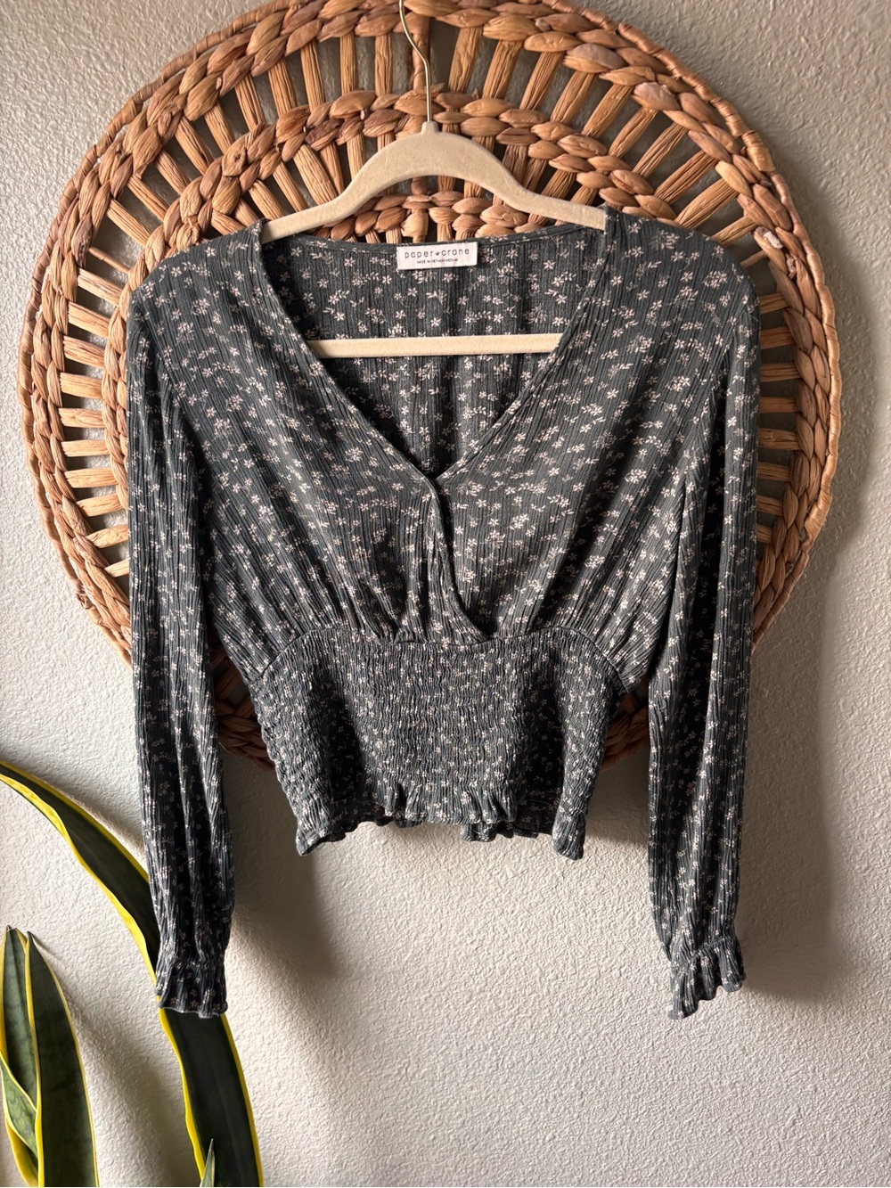 Paper Crane Gray Floral V-Neck Smocked Waist Long Sleeve Blouse